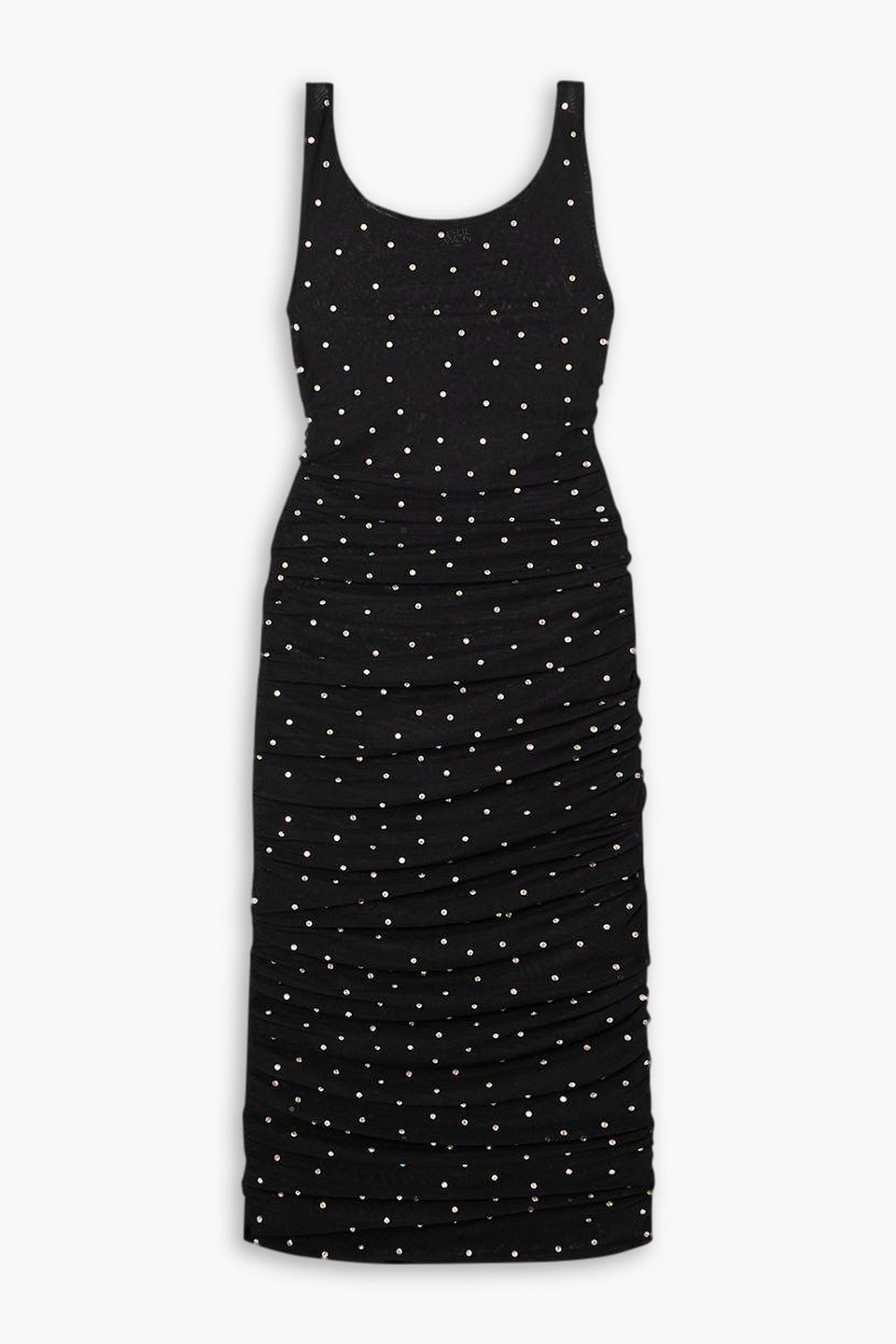 Leslie Amon Ruched Crystal-embellished Mesh Midi Dress In Black