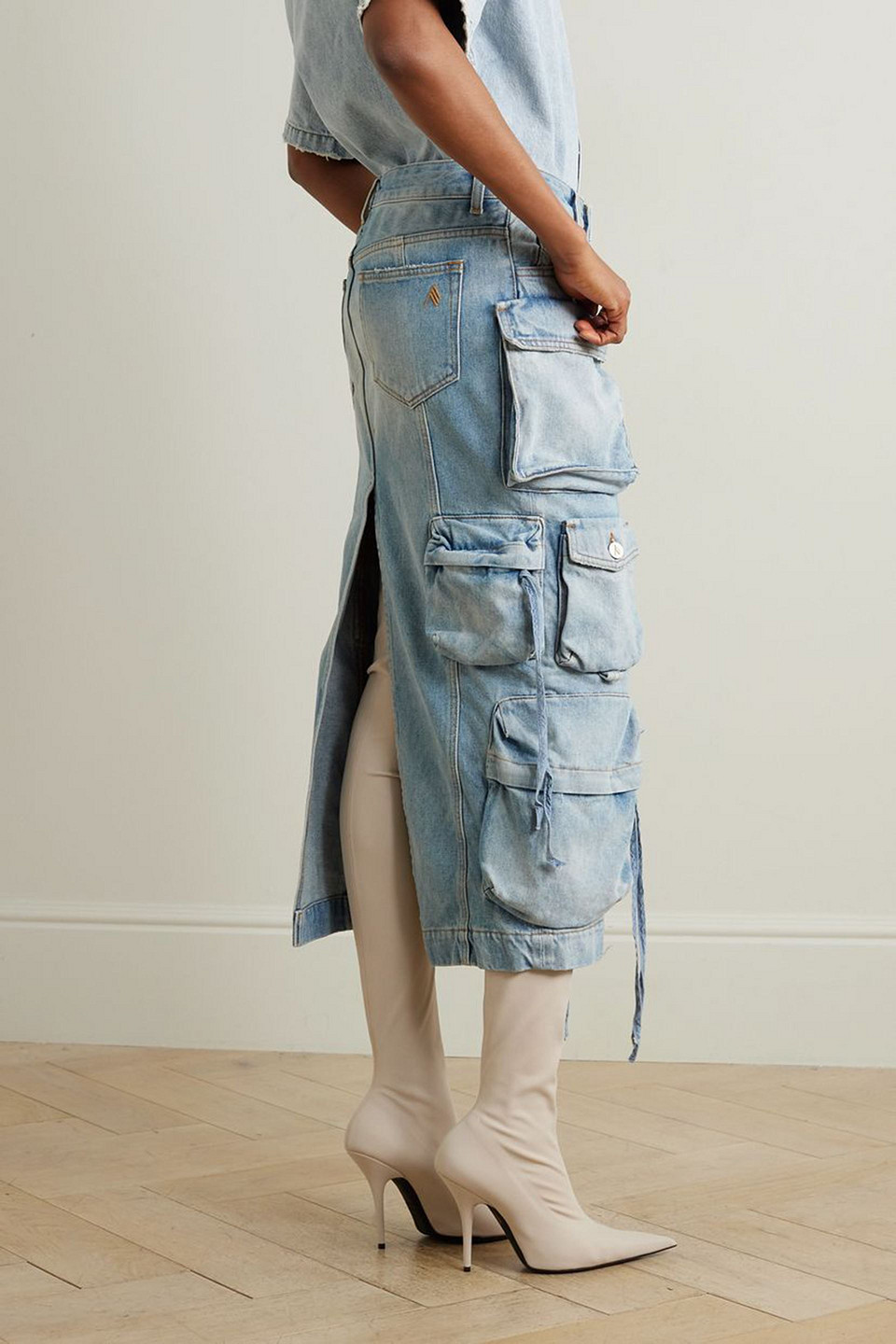 Shop Attico Denim Midi Skirt In Light Denim