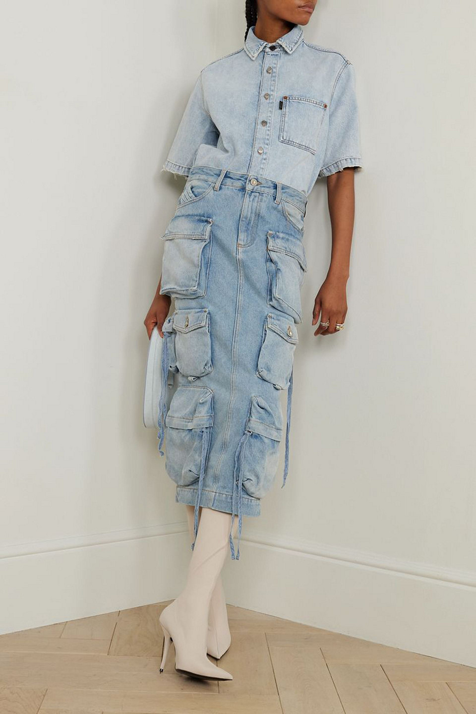 Shop Attico Denim Midi Skirt In Light Denim