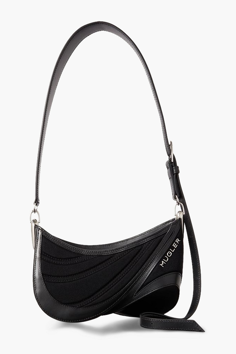 Mugler Spiral Curve Medium Leather And Quilted Denim Shoulder Bag In Black