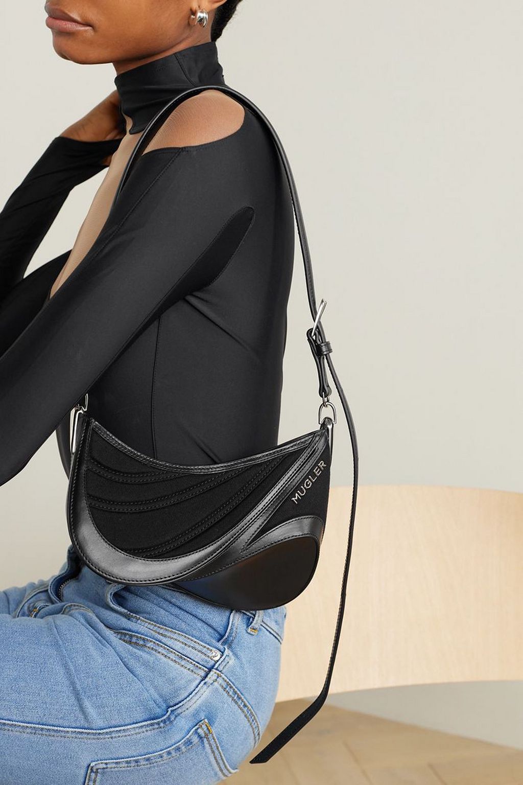 MUGLER Spiral Curve medium leather and quilted denim shoulder bag