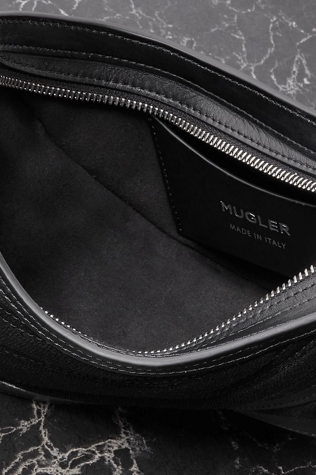 MUGLER Spiral Curve medium leather and quilted denim shoulder bag