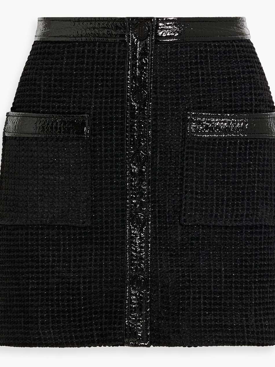 faux patent leather-trimmed cotton-blend tweed mini skirt