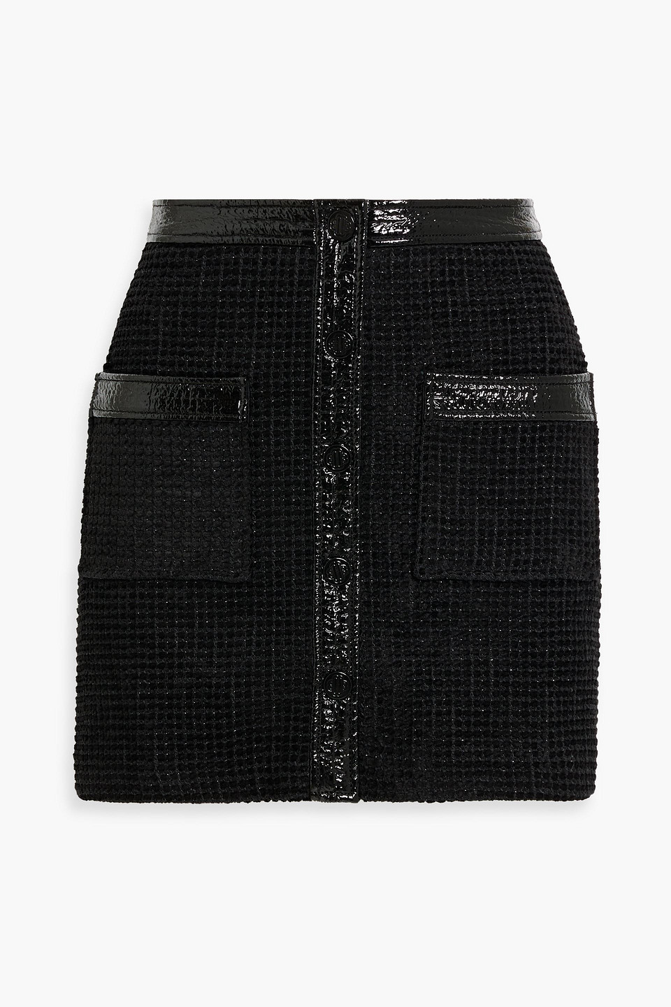 Maje Faux Patent Leather-trimmed Cotton-blend Tweed Mini Skirt In Black