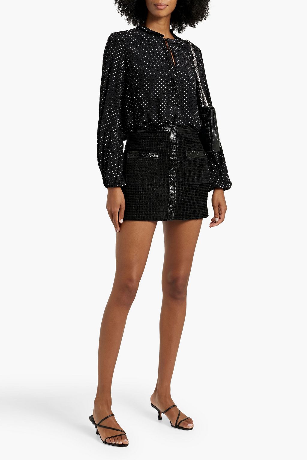 MAJE Faux patent leather-trimmed cotton-blend tweed mini skirt