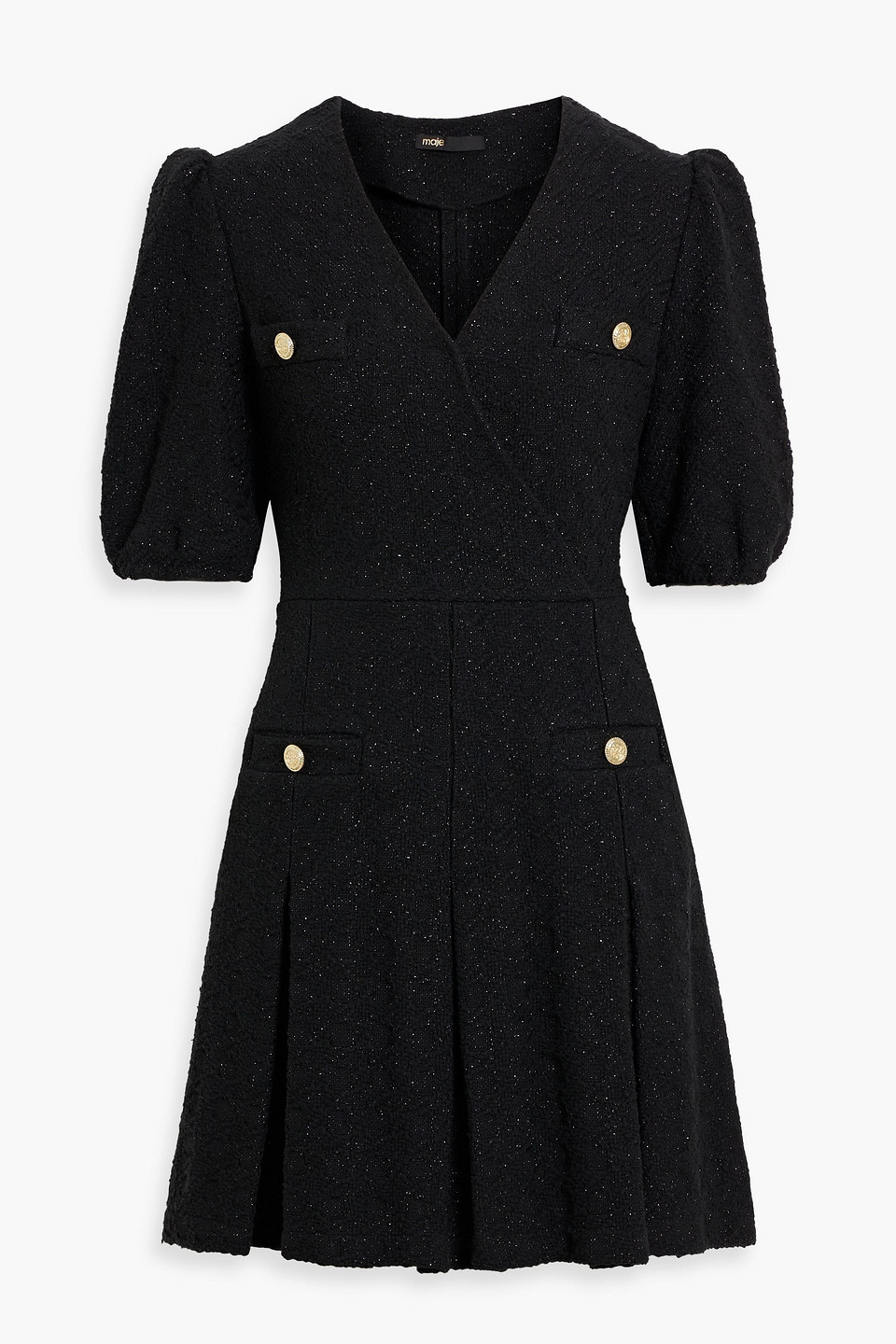 Maje Wrap-effect Metallic Tweed Mini Dress In Black