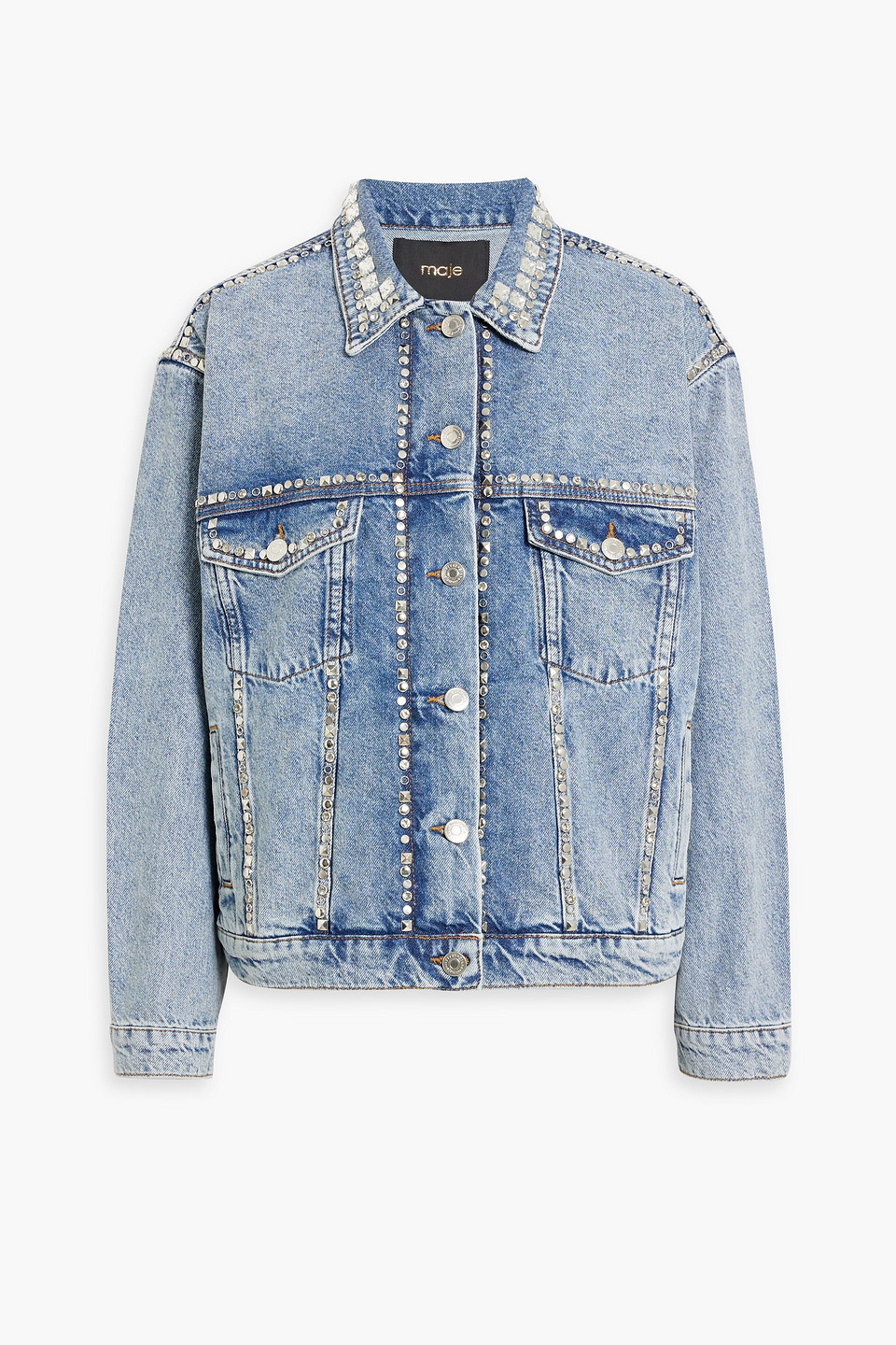Maje Embellished Denim Jacket In Mid Denim
