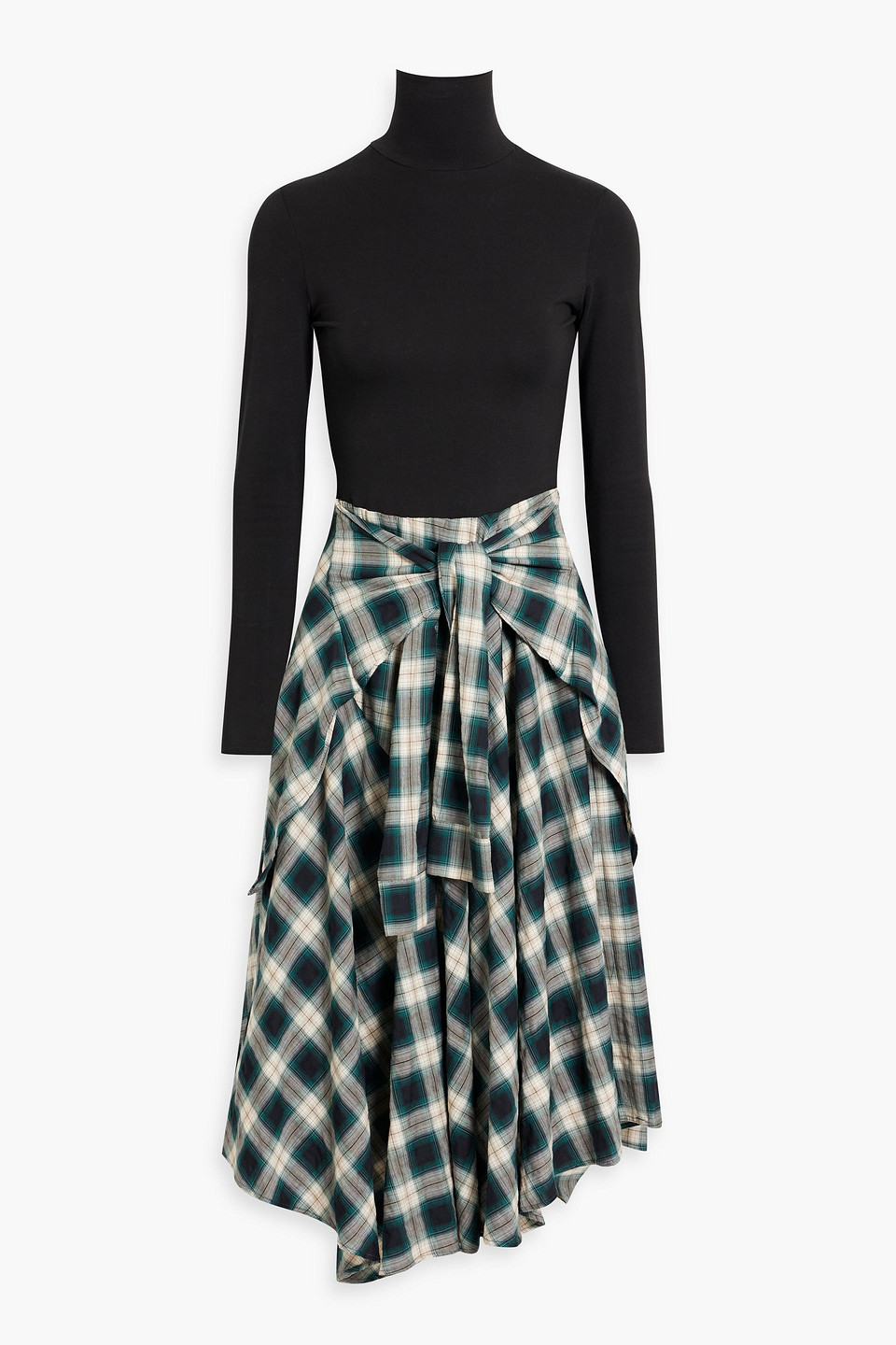 Maje Checked Flannel And Cotton-jersey Turtleneck Midi Dress In Green