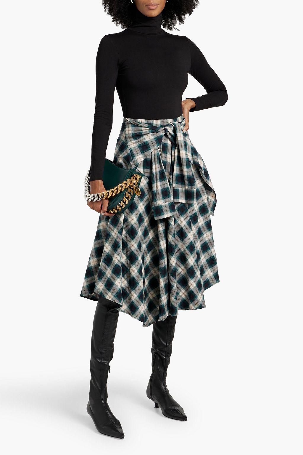 MAJE Checked flannel and cotton-jersey turtleneck midi dress