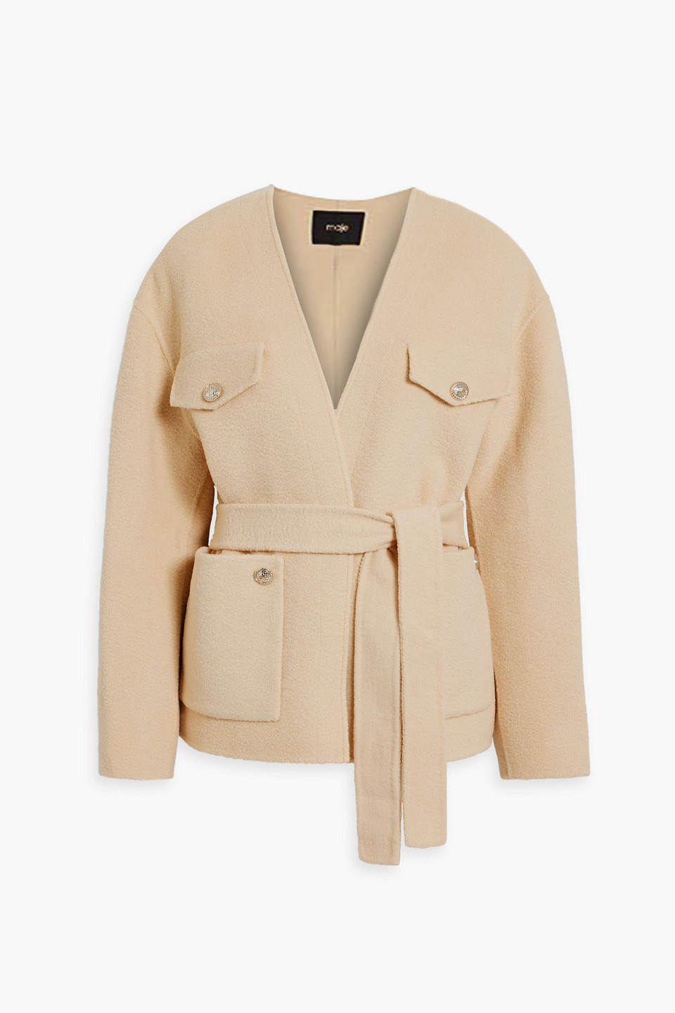 Maje Belted Wool-blend Felt Jacket In Beige