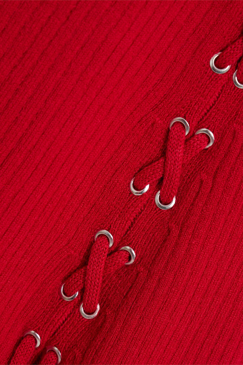Maje Lace-up Ribbed Wool-blend Midi Dress In Red