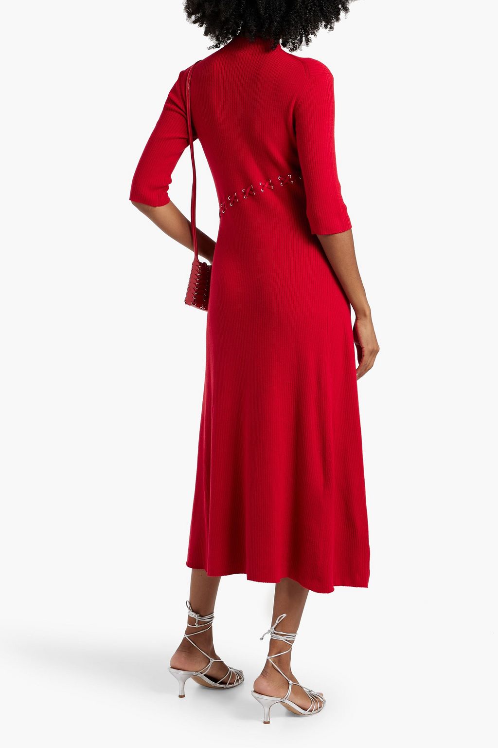 MAJE Lace-up ribbed wool-blend midi dress