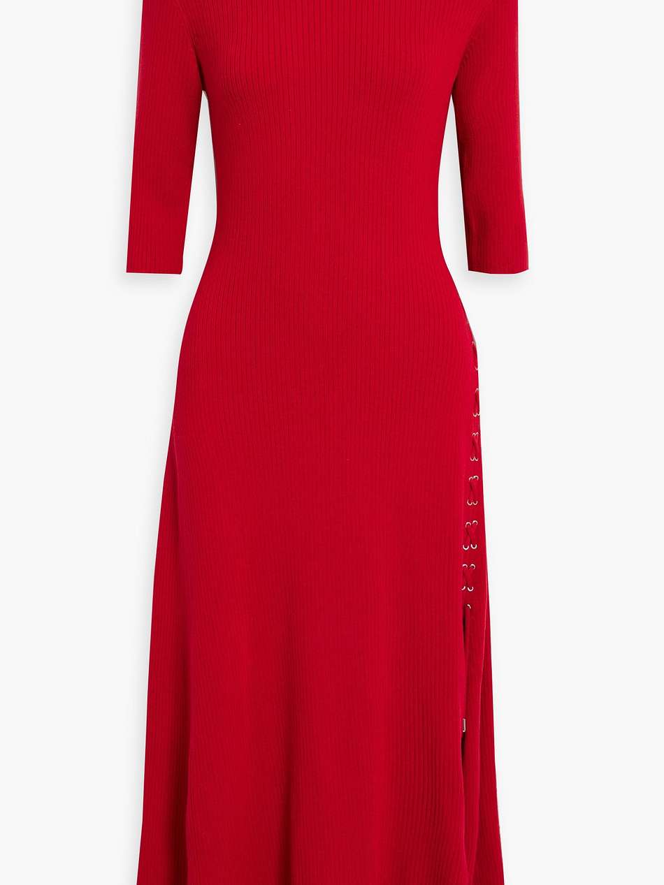 lace-up ribbed wool-blend midi dress