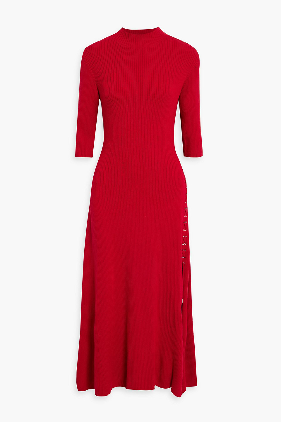 Maje Lace-up Ribbed Wool-blend Midi Dress In Red