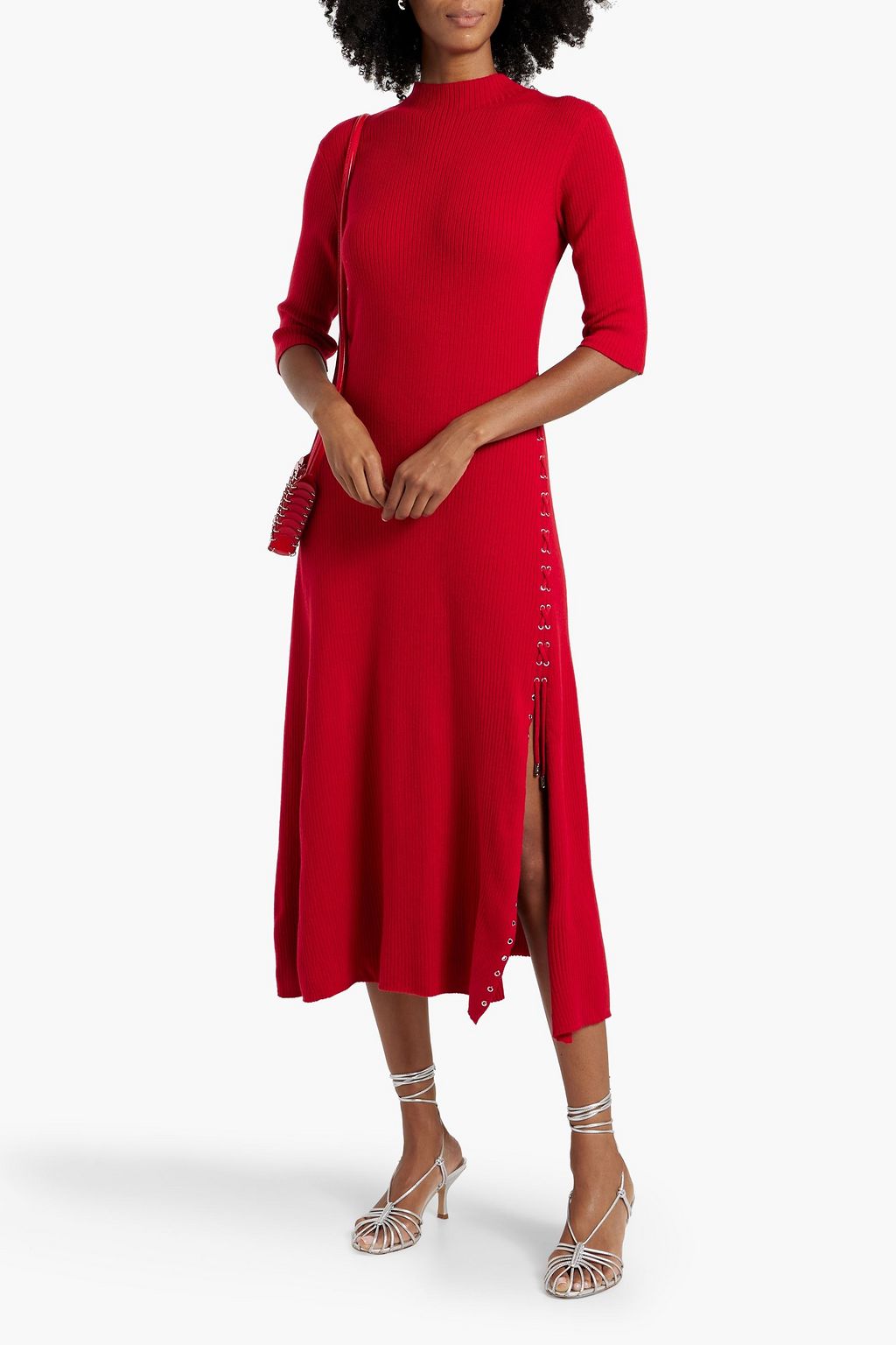 MAJE Lace-up ribbed wool-blend midi dress