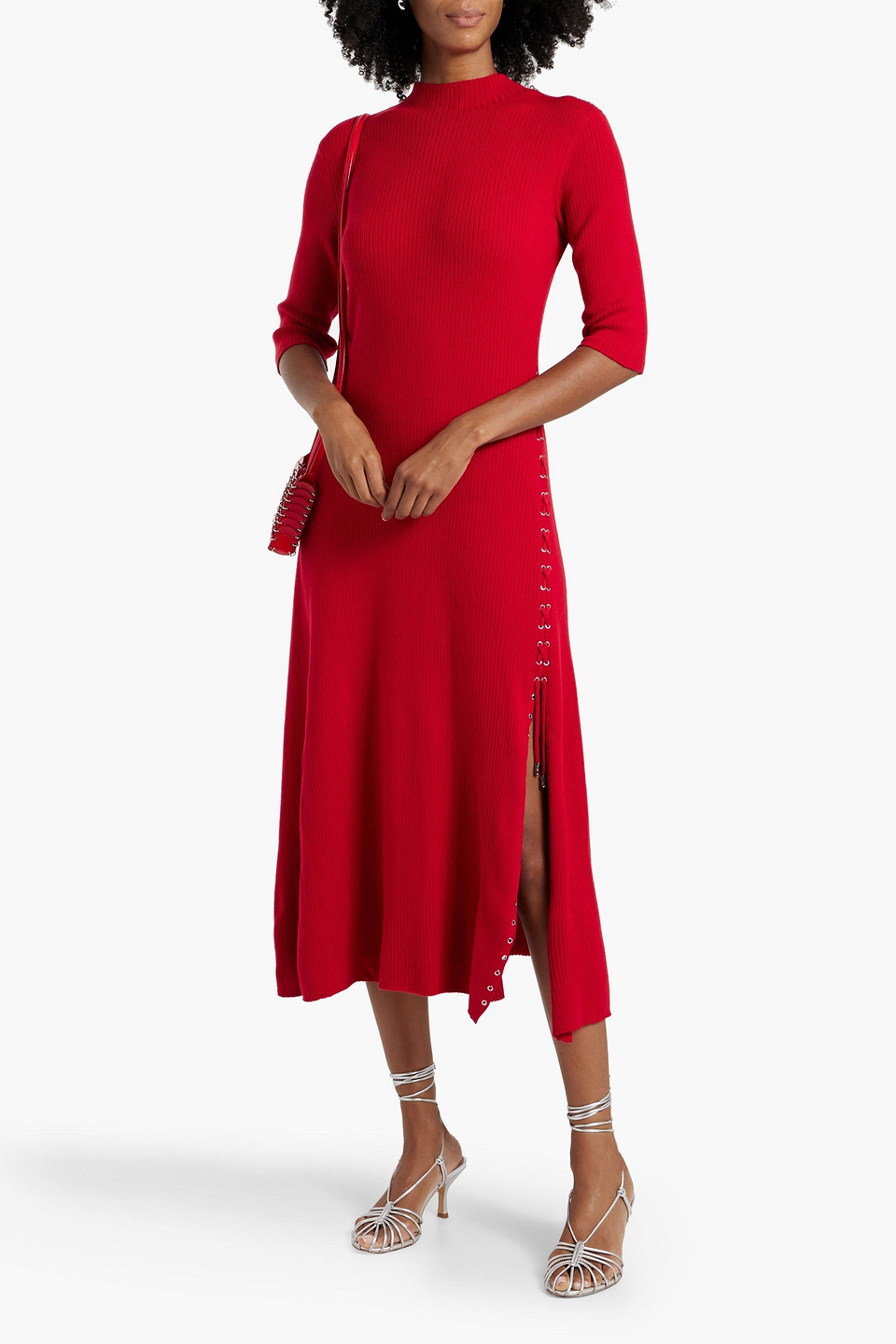 Maje Lace-up Ribbed Wool-blend Midi Dress In Red