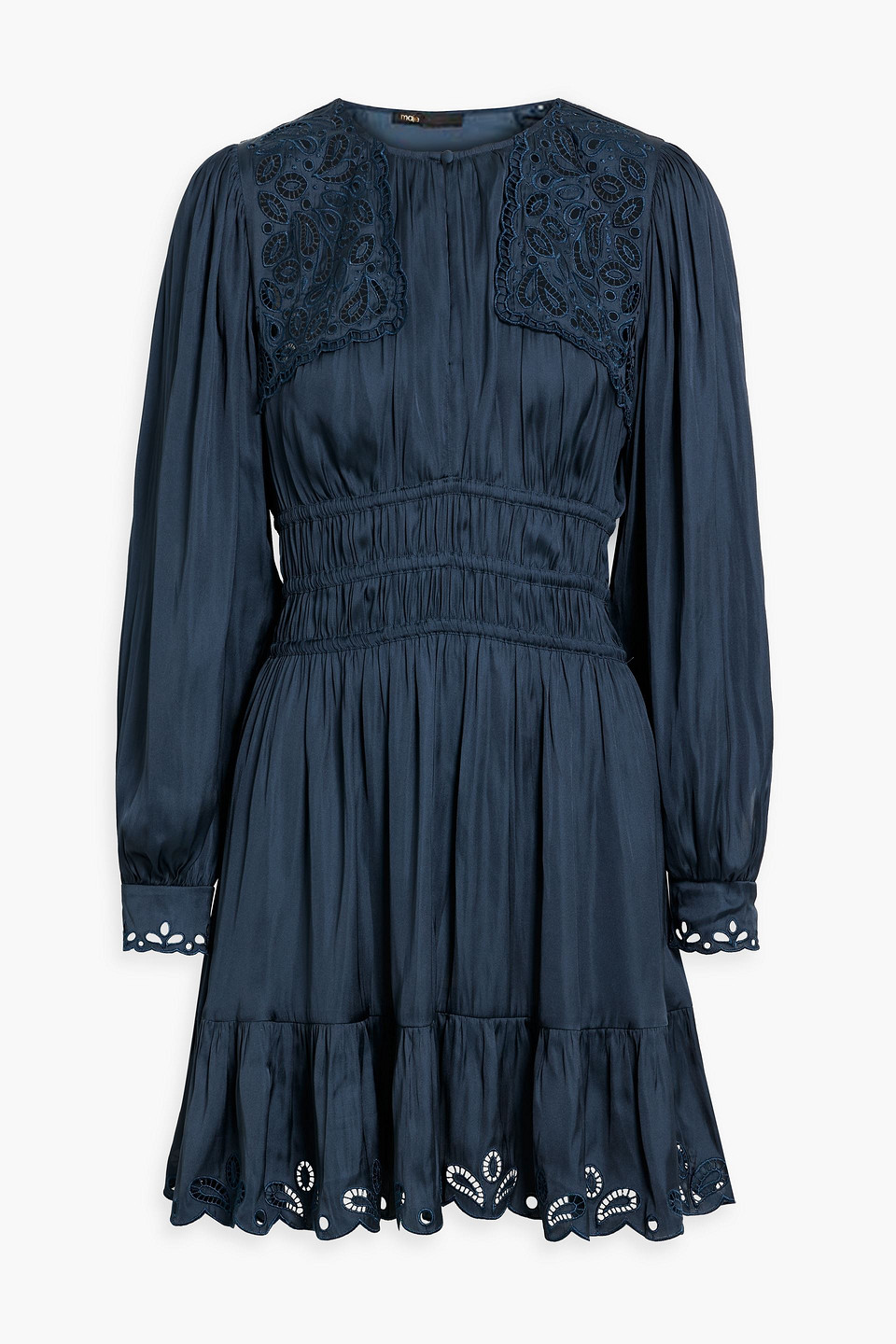 Maje Broderie Anglaise-trimmed Satin Mini Dress In Navy