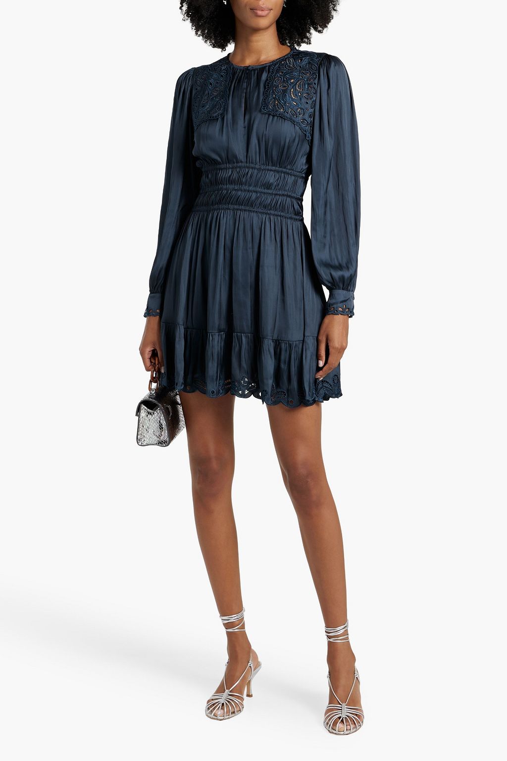 MAJE Broderie anglaise-trimmed satin mini dress