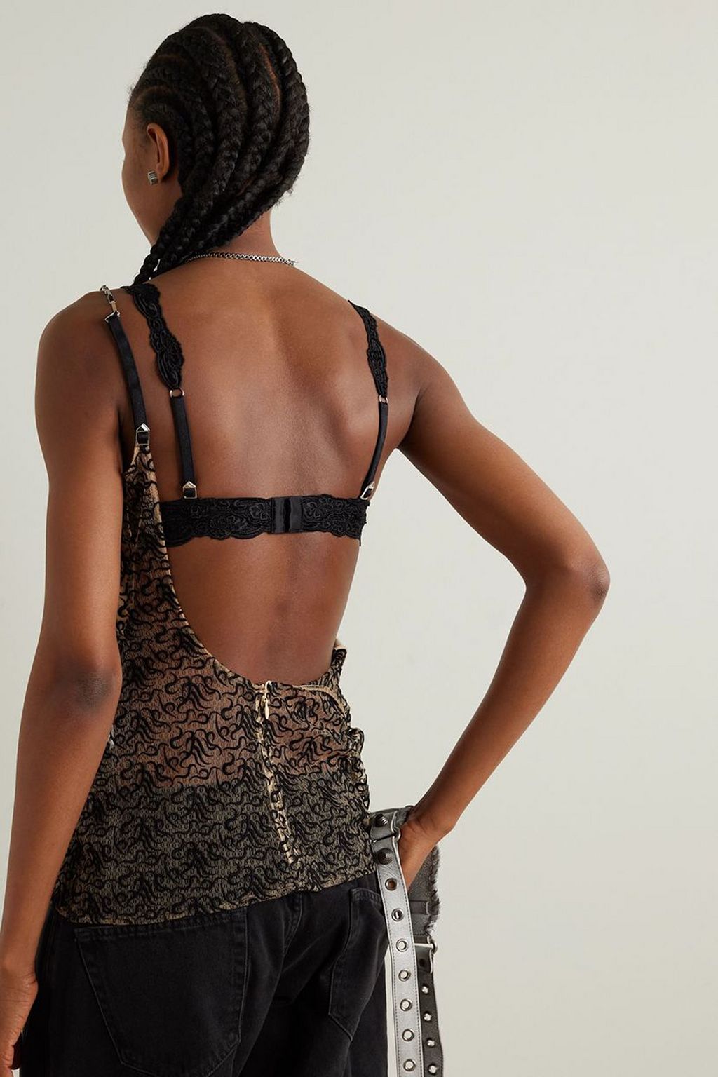 THE ATTICO Convertible chain-embellished lace-trimmed embroidered tulle camisole
