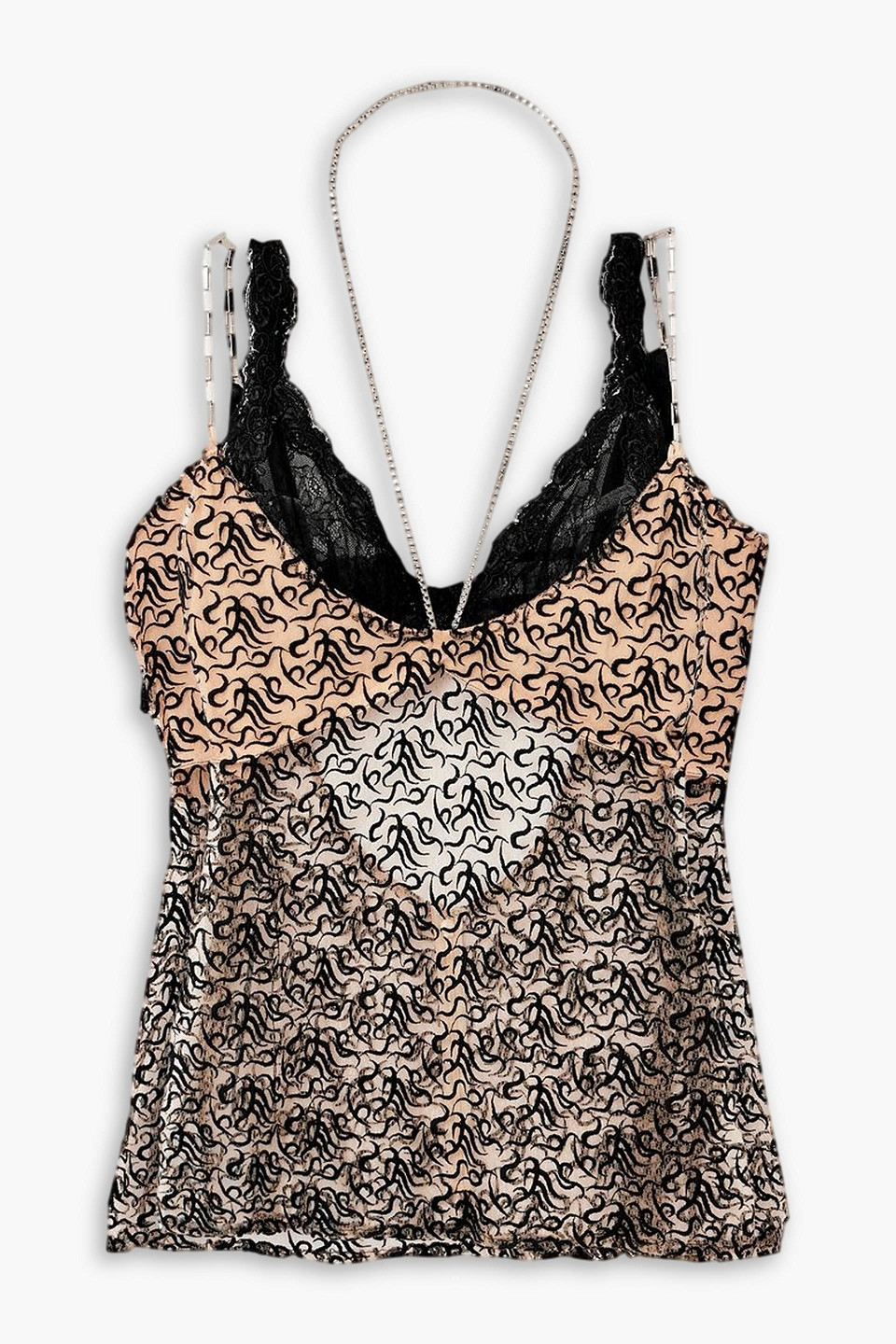 Attico Convertible Chain-embellished Lace-trimmed Embroidered Tulle Camisole In Black