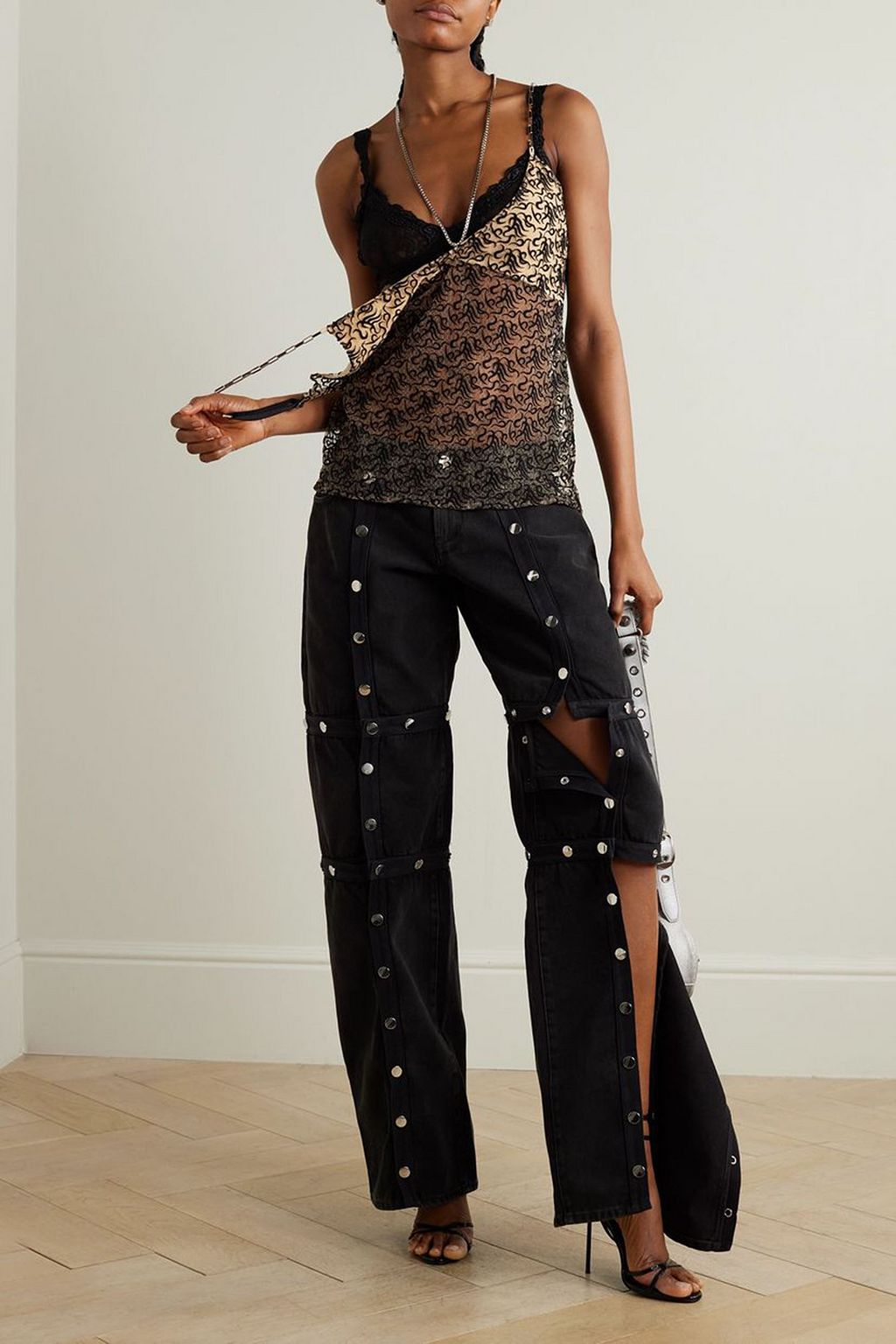 THE ATTICO Convertible chain-embellished lace-trimmed embroidered tulle camisole