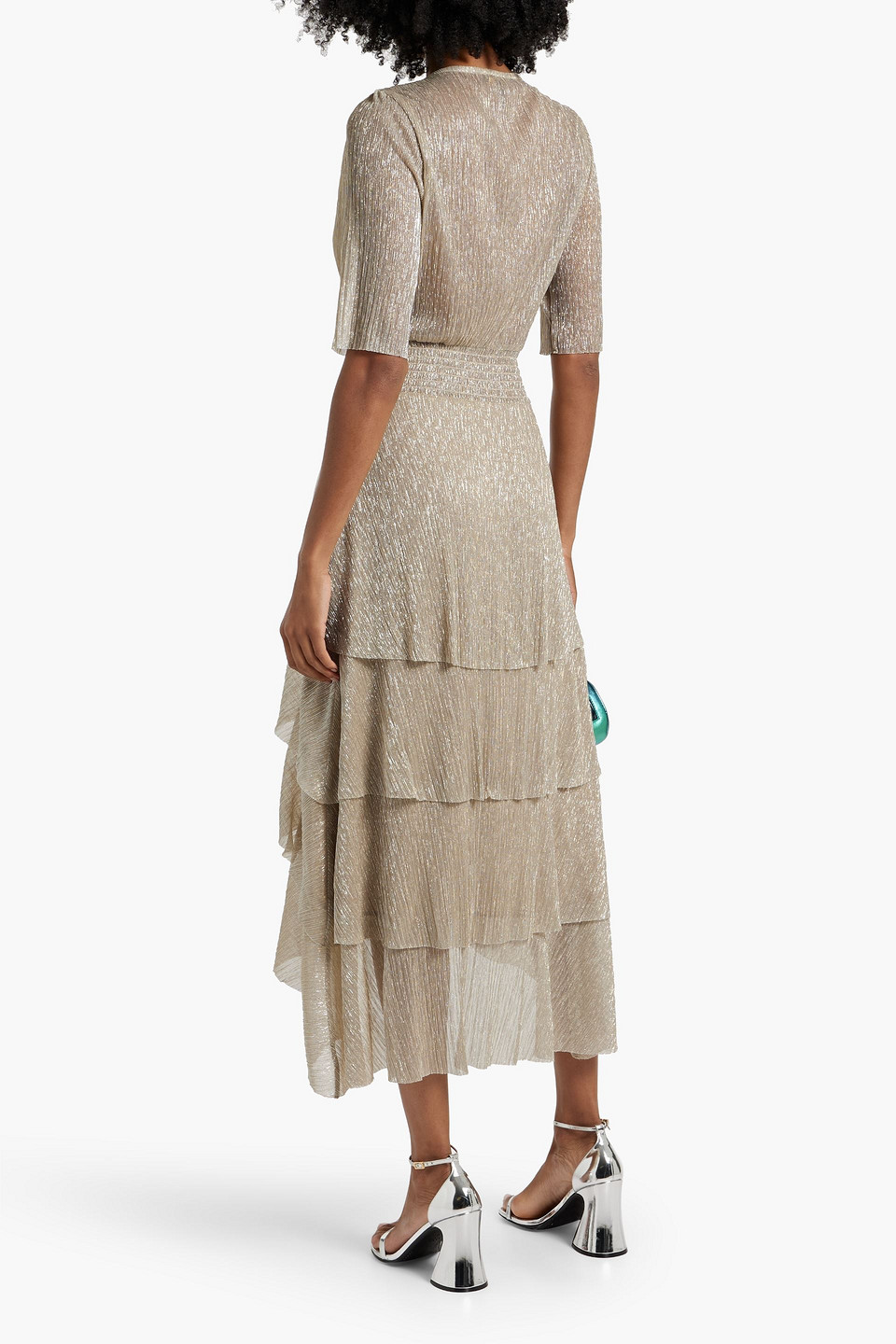 Shop Maje Metallic Tiered Plissé-tulle Midi Dress In Platinum