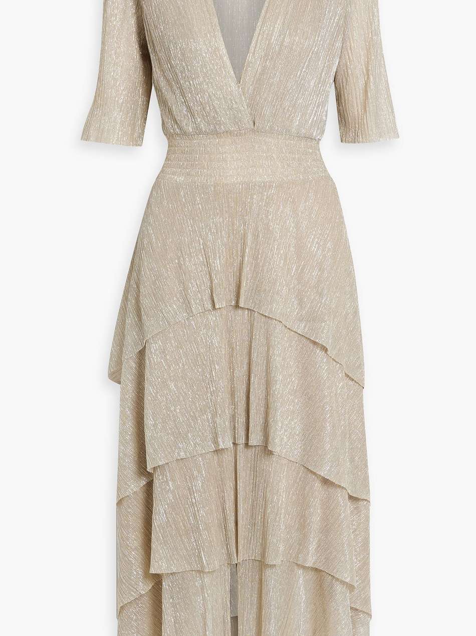 metallic tiered plissé-tulle midi dress
