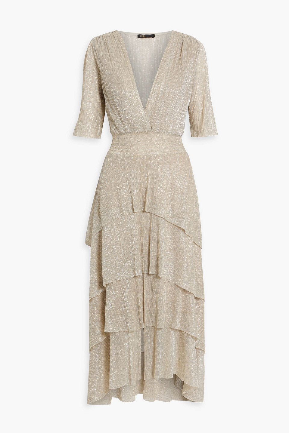 Maje Metallic Tiered Plissé-tulle Midi Dress In Platinum