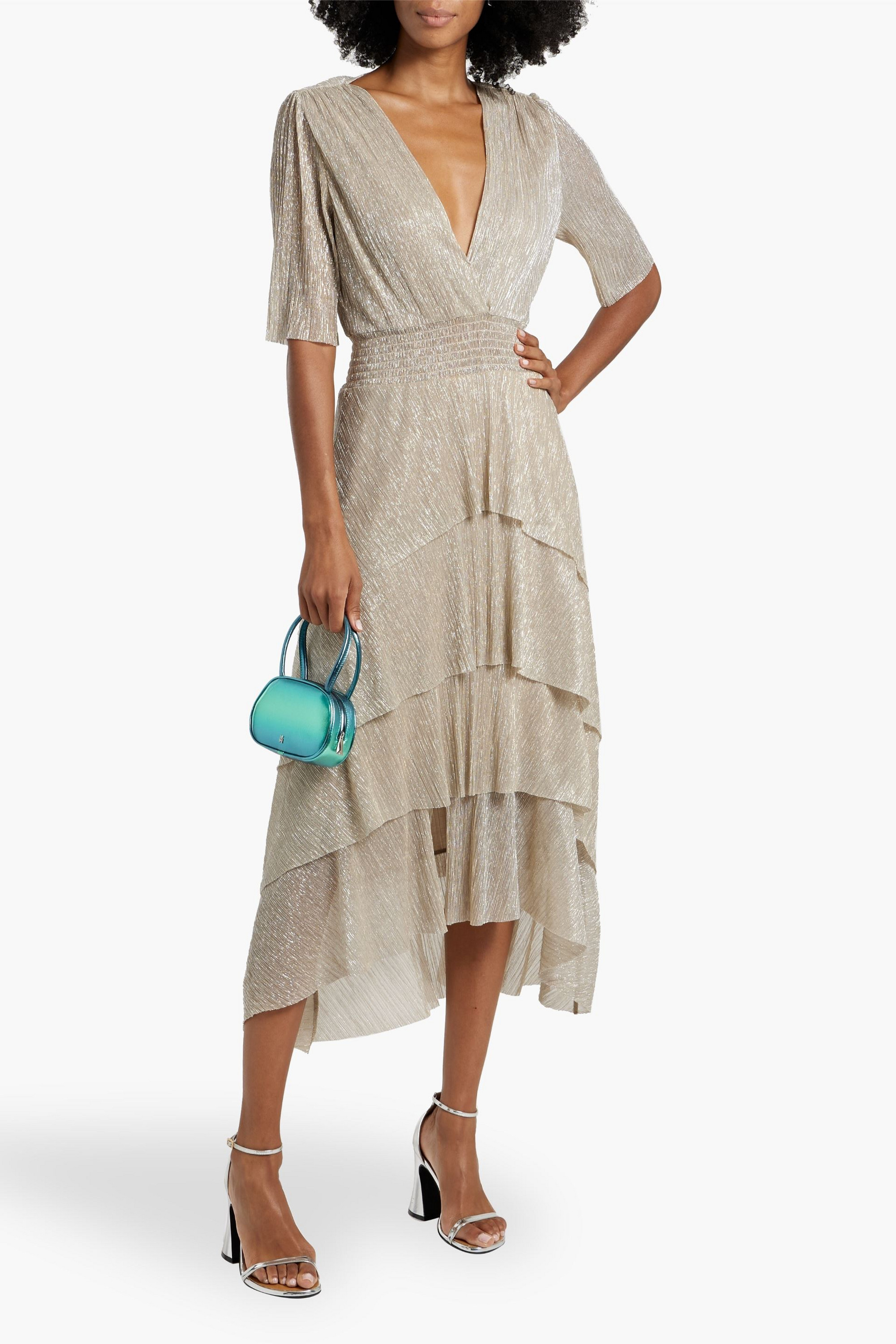 MAJE Metallic tiered plissé-tulle midi dress