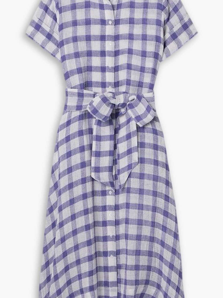checked linen-blend gauze midi shirt dress