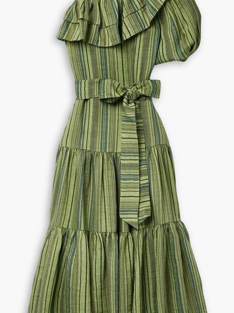arden one-sleeve ruffled striped linen-blend maxi dress
