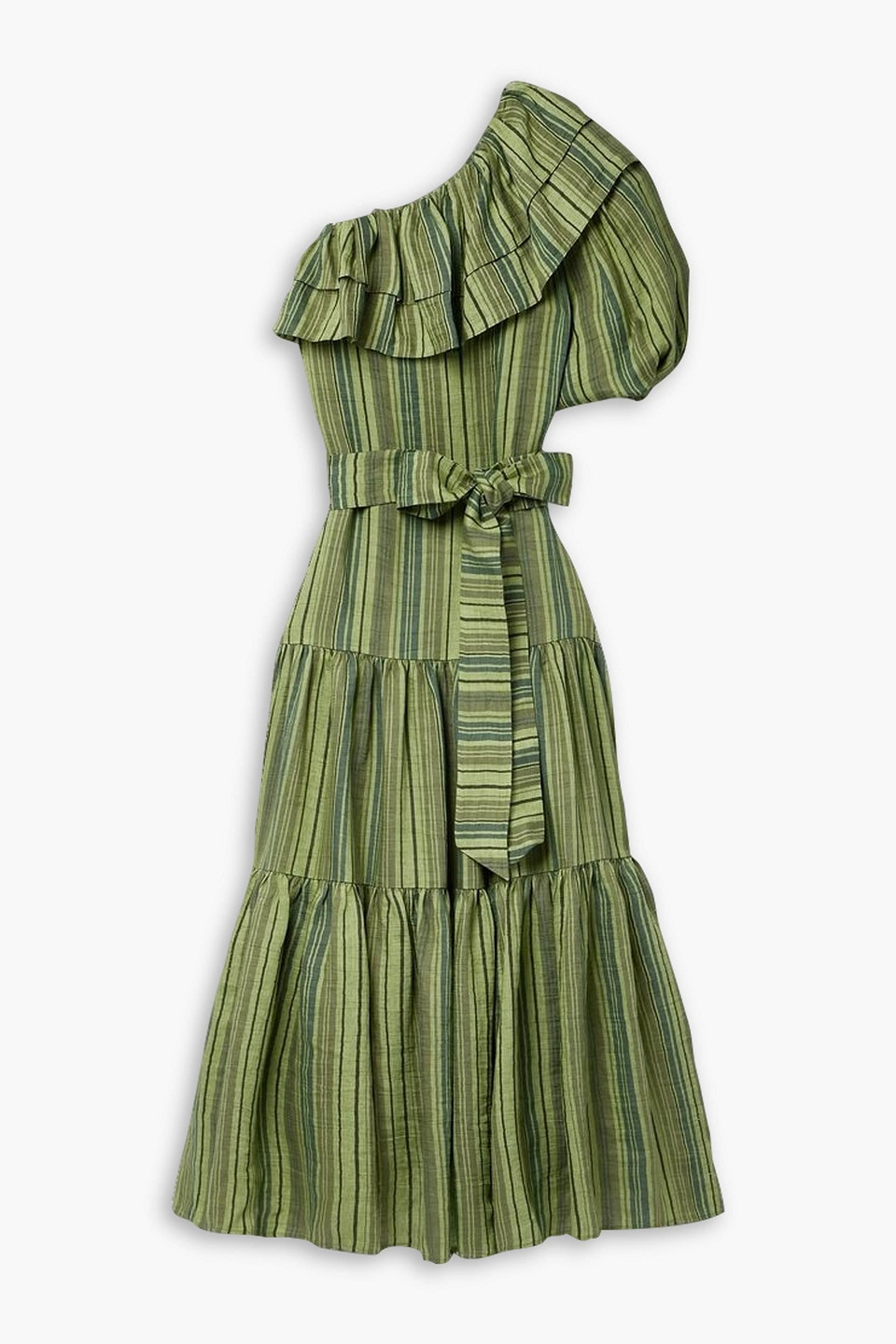 Lisa Marie Fernandez Arden One-sleeve Ruffled Striped Linen-blend Maxi Dress In Green