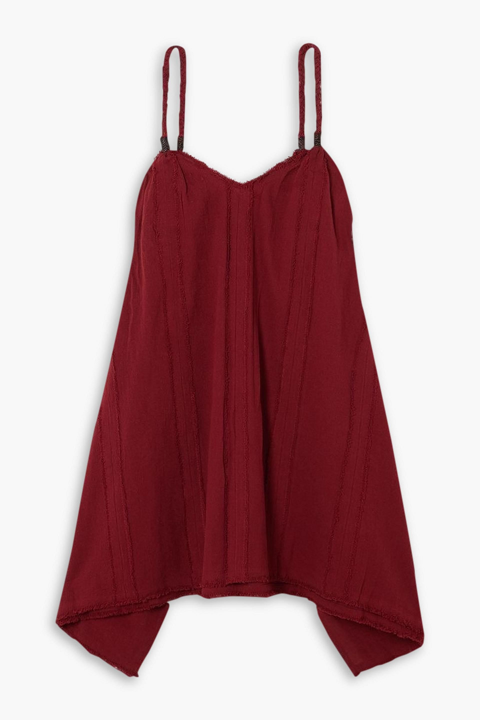 Caravana Chi Frayed Cotton-gauze Mini Dress In Weinrot