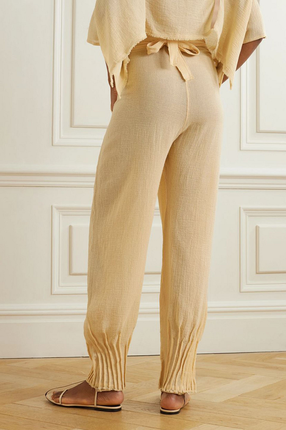 CARAVANA KATARI FRAYED WRAP-EFFECT COTTON-GAUZE TAPERED PANTS