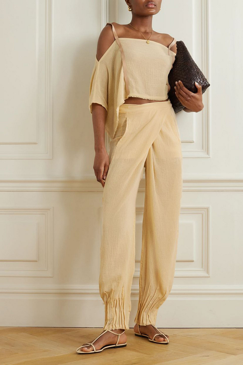 CARAVANA KATARI FRAYED WRAP-EFFECT COTTON-GAUZE TAPERED PANTS
