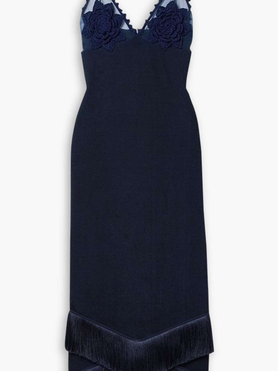 crochet and tulle-trimmed fringed stretch-ponte maxi dress