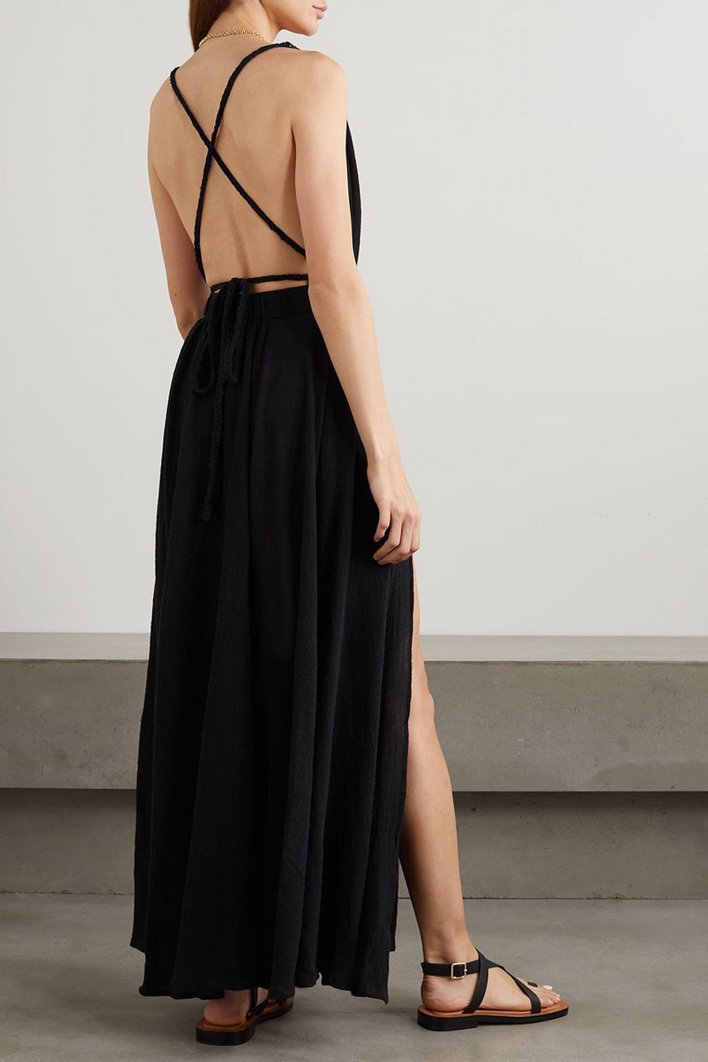 CARAVANA Hera leather-trimmed cotton-gauze halterneck maxi dress