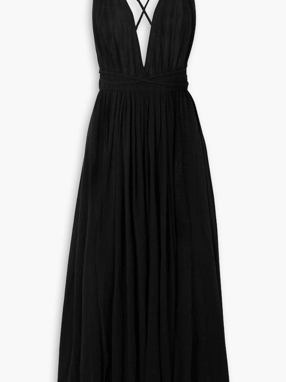 hera leather-trimmed cotton-gauze halterneck maxi dress