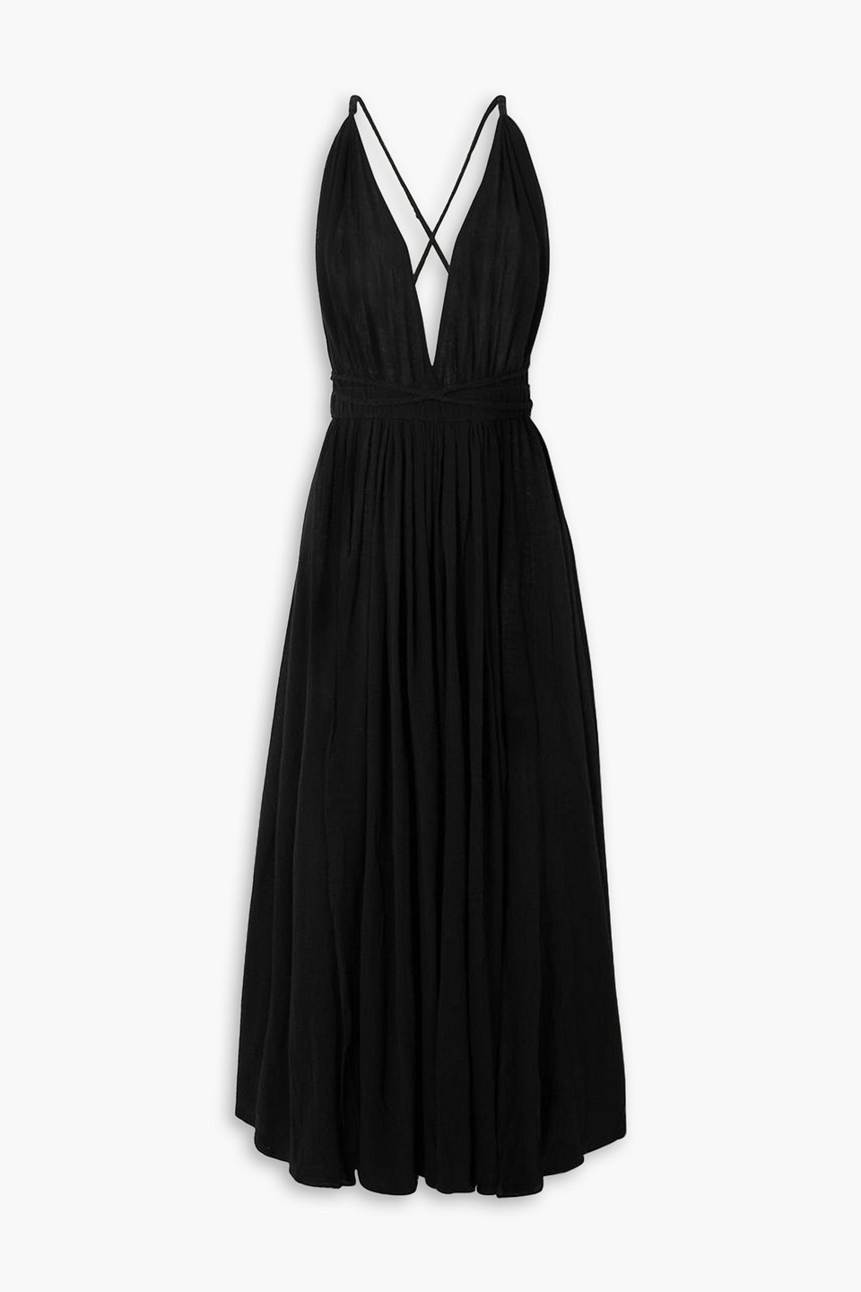 CARAVANA HERA LEATHER-TRIMMED COTTON-GAUZE HALTERNECK MAXI DRESS