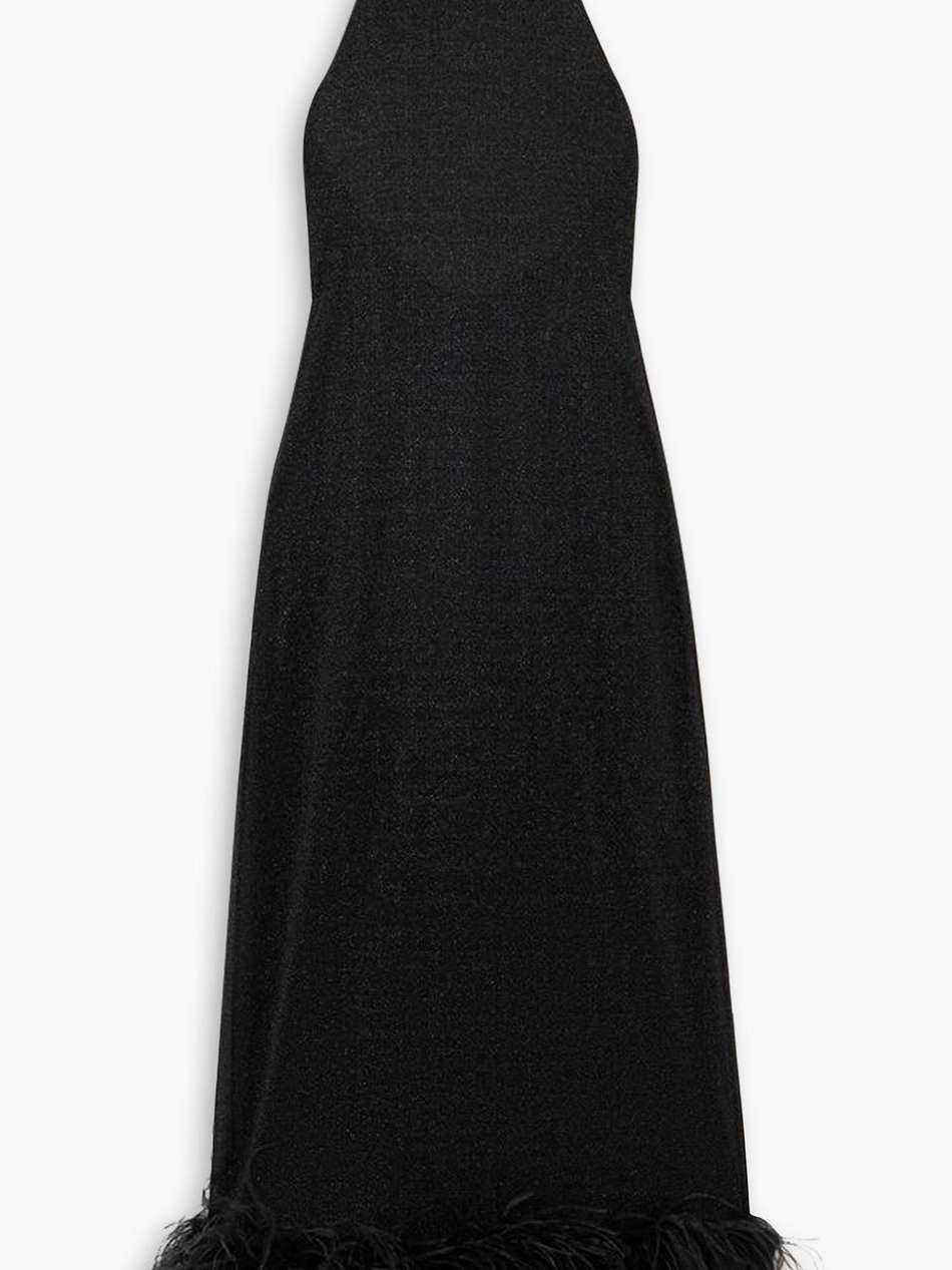 lumière halterneck feather-trimmed metallic stretch-knit maxi dress