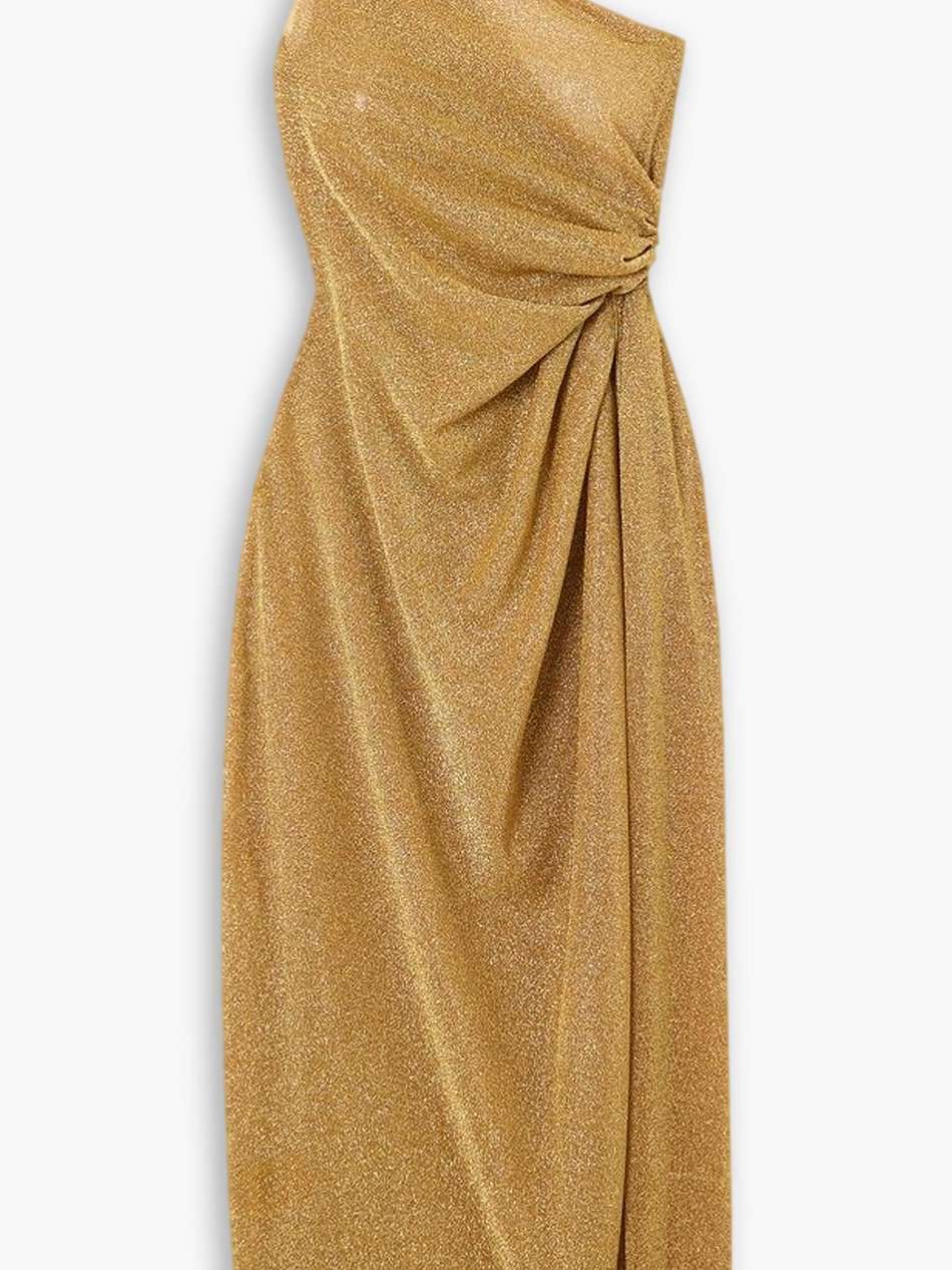 lumière one-shoulder gathered metallic stretch-knit maxi dress