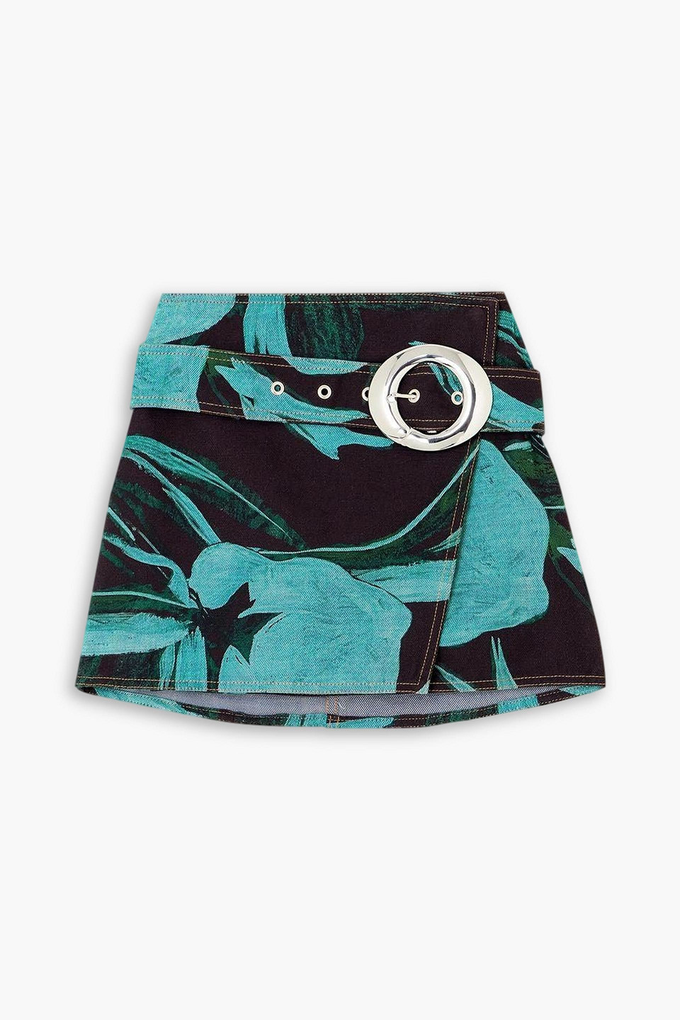 Louisa Ballou Printed Denim Mini Wrap Skirt In Turquoise