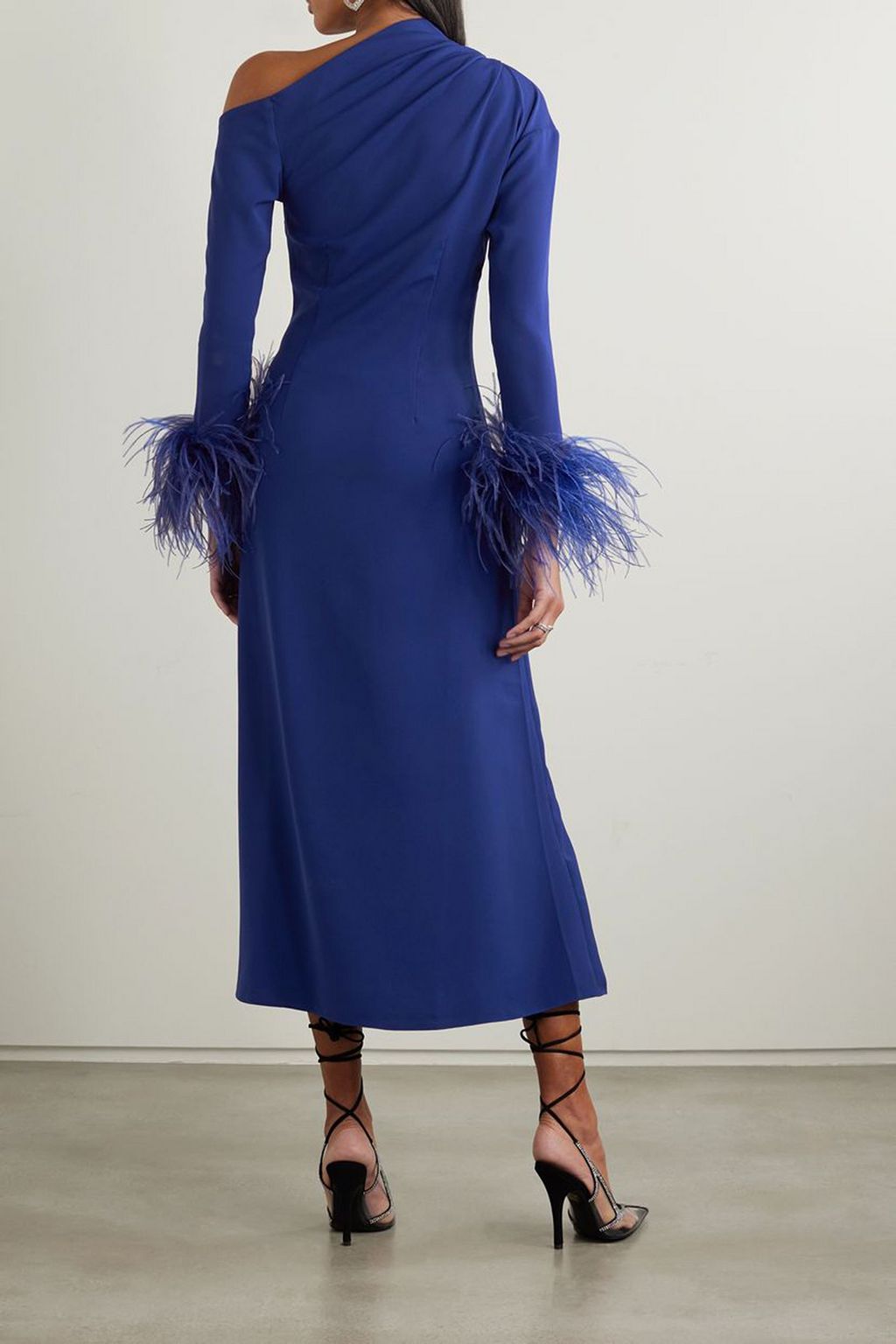 16ARLINGTON Adelaide one-shoulder feather-trimmed crepe midi dress