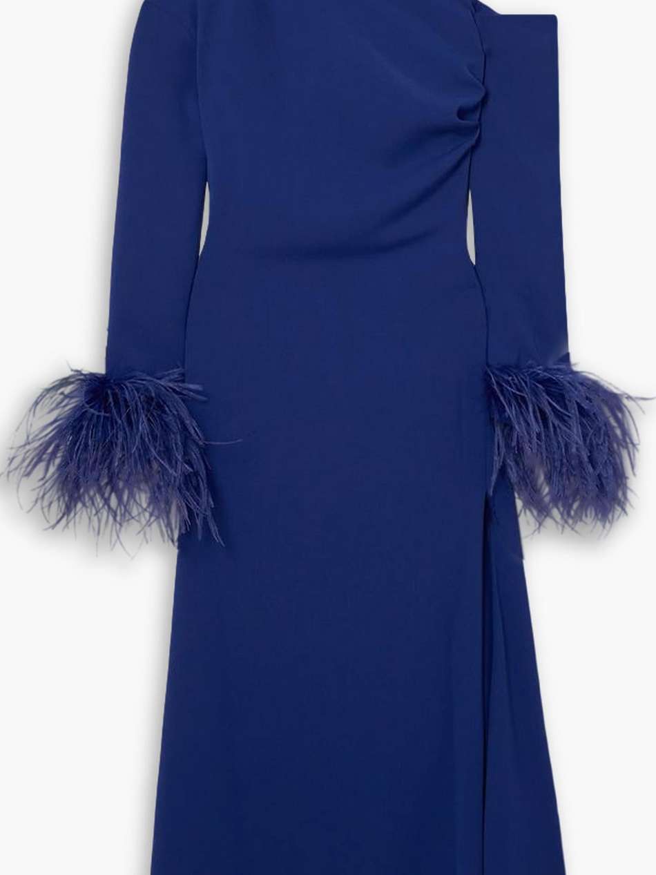 adelaide one-shoulder feather-trimmed crepe midi dress