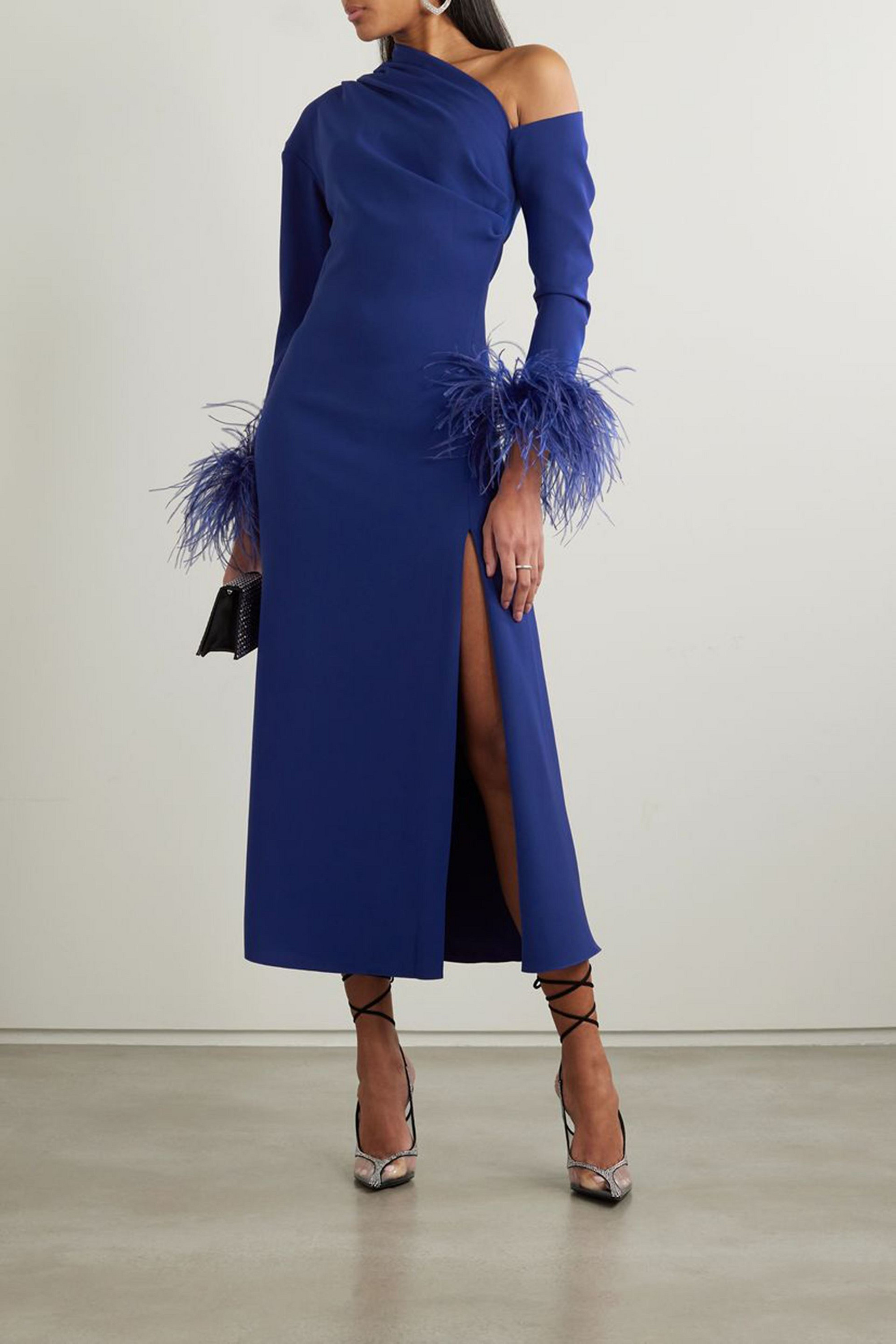 16Arlington Adelaide one-shoulder feather-trimmed crepe midi dress