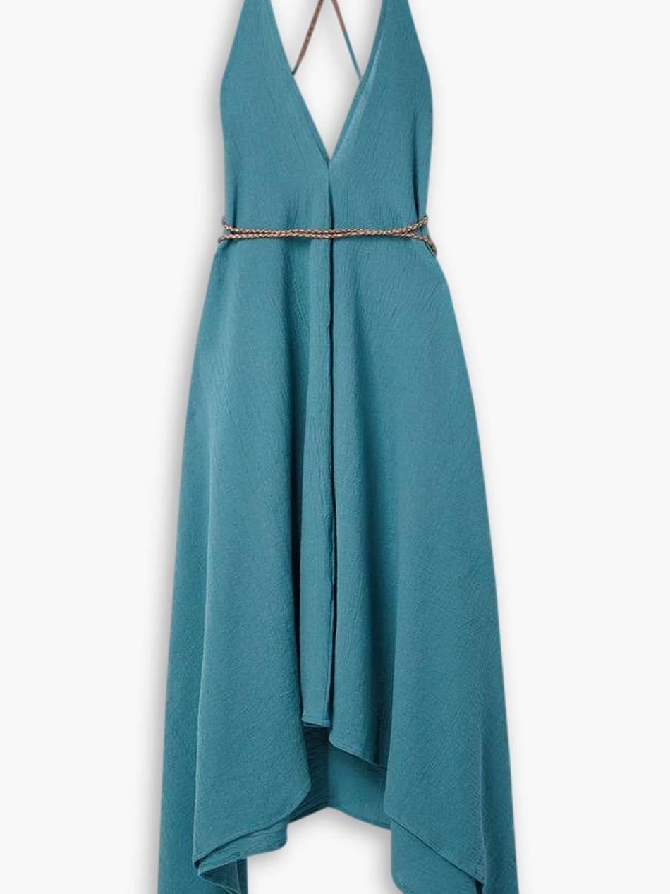 yatzil asymmetric leather-trimmed cotton maxi dress