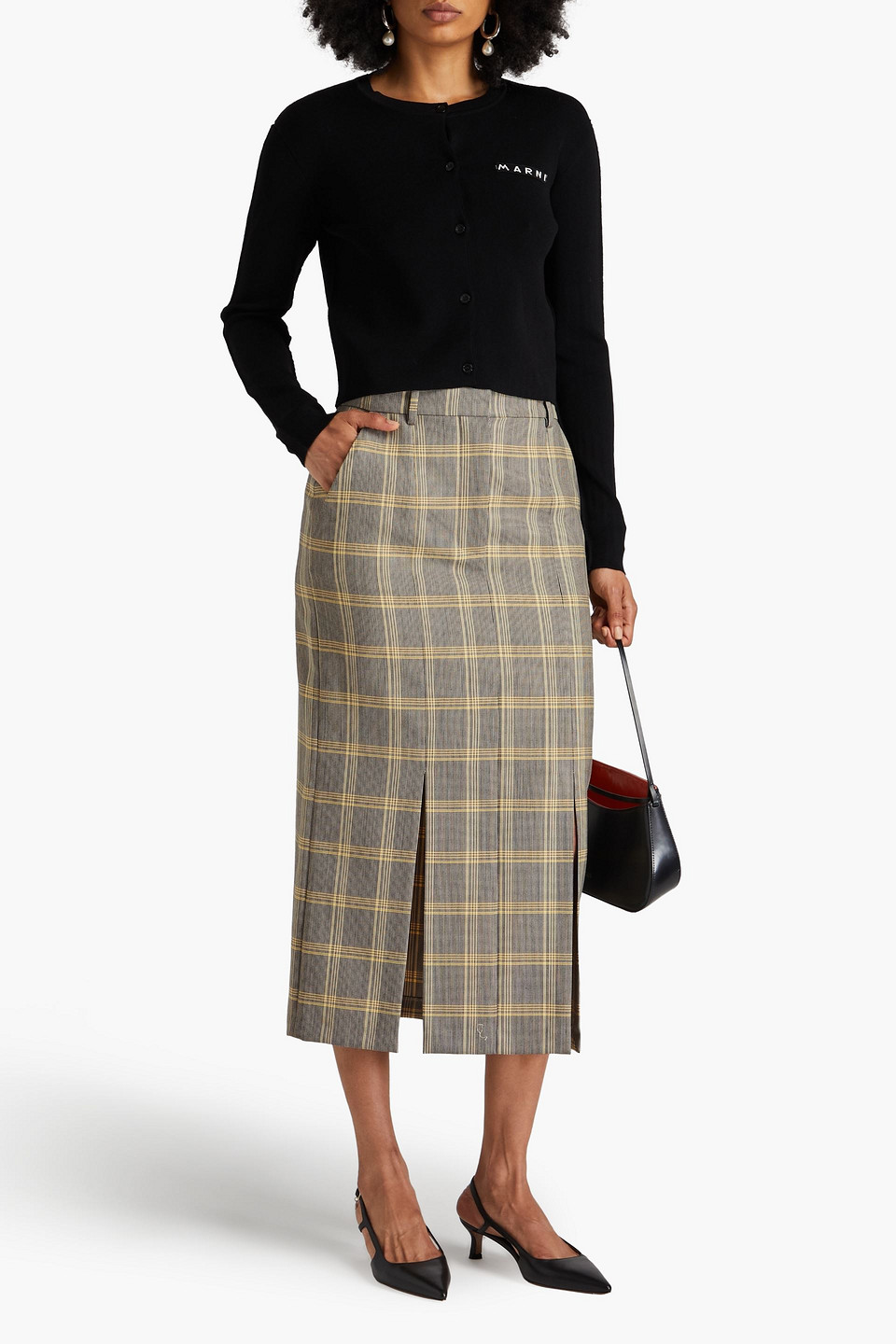Marni Checked Wool-blend Midi Skirt In Black