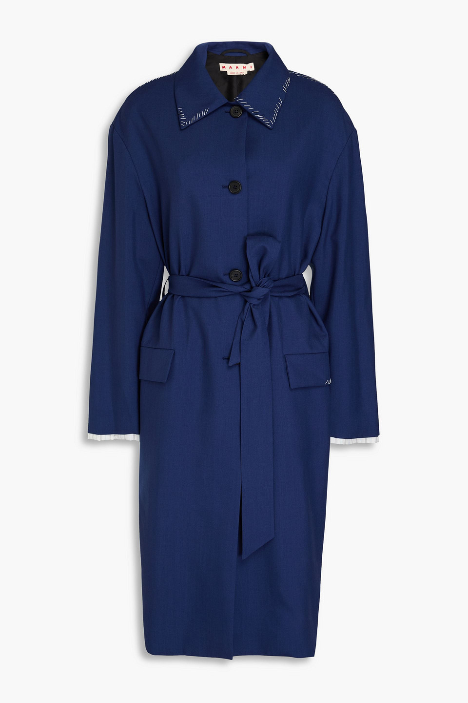 Marni Belted Embroidered Wool Coat In Indigo