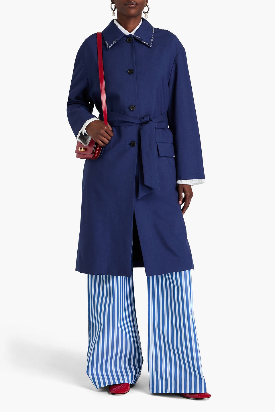 Marni Belted Embroidered Wool Coat In Indigo