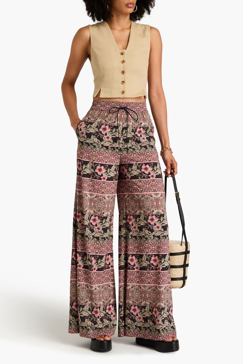 ALICE + OLIVIA بنطال Kenley من الكريب بأرجل واسعة ومزين بطبعة الأزهار